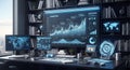 3D Illustration of Modern Office Workspace with Multiple Screens and Data Analysis Charts Royalty Free Stock Photo