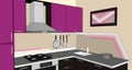 3D illustration of modern puprle and brown kitchen corner with fume hood, cooktop, sink and appliances