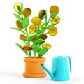 3D illustration of money tree and watering can. Cartoon dollar plant with gold coins, isolated on white. Business investment