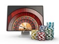 3d illustration of Monitor with casino roulette wheel on screen. Gambling app concepts, isolated white. Royalty Free Stock Photo