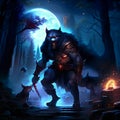 3D Illustration of a monster in a dark forest with full moon generative AI Royalty Free Stock Photo