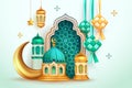 3d illustration mosque, crescent, ketupat, dome arch arabesque decorations vector