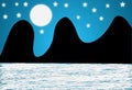 3D illustration Mountin in sea with moon and stars abstract blue background Royalty Free Stock Photo