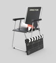 3d Illustration of movie director chair with clapperboard and megaphone