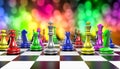 3D illustration of multi-colored chess pieces with a blurred background