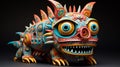 3D illustration of a multicolored dragon with an open mouth. AI generated