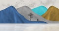 3d illustration mural landscape wallpaper. blue, gray mountains. black trees, deer and birds. living room wall home decor