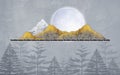 3d illustration mural wallpaper. gray landscape mountains with golden moon and trees forest Royalty Free Stock Photo