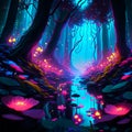 3d illustration of a mysterious dark forest with glowing neon lights and lotus flowers Generative AI