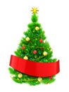 3d neon green Christmas tree with red ribbon Royalty Free Stock Photo