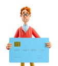 3d illustration. Nerd Larry with credit or debit card.