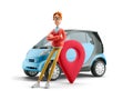 3d illustration. Nerd Larry with smart car. Car sharing concept.