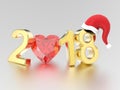 3D illustration new year 2018 gold numbers in the Christmas Santa Claus hat and a red diamond heart Royalty Free Stock Photo