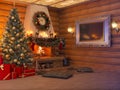 3D illustration New year interior with Christmas tree, presents Royalty Free Stock Photo