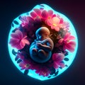 3d illustration of a newborn baby in a blue circle surrounded by flowers generative AI