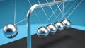 3D Illustration of a Newton`s Cradle, Chrome Metal Spheres with Reflections in Colliding Movement Motion Concept, Close View, Blue