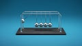 3D Illustration of a Newton`s Cradle, Chrome Metal Spheres with Reflections in Colliding Movement Motion Concept, Front View, Blue