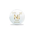 3D-Illustration, Nickel symbol - Ni. Element of the periodic table on white ball with golden signs. White background
