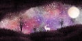 3d illustration night landscape. moon, trees, deer in black herbs. light galaxy background