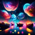 3D illustration of the night sky with clouds and ships in the water generative AI