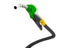 3D illustration, nozzle pumping gasoline in a tank, of fuel nozzle pouring gasoline over white background.