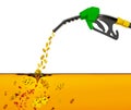 3D illustration, nozzle pumping gasoline in a tank, of fuel nozzle pouring gasoline over white background.