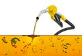 3D illustration, nozzle pumping gasoline in a tank, of fuel nozzle pouring gasoline over white background.