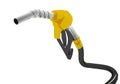 3D illustration, nozzle pumping gasoline in a tank, of fuel nozzle pouring gasoline over white background.