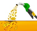 3D illustration, nozzle pumping gasoline in a tank, of fuel nozzle pouring gasoline over white background.