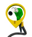 3D illustration, nozzle pumping gasoline in a tank, of fuel nozzle pouring gasoline over white background.