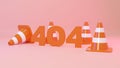 3D Illustration. 404 number with traffic cones on isolated background. 404 webpage error concept. Page not found Royalty Free Stock Photo