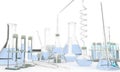 3D illustration of objects - lab proofs with various scientific glassware with water on white background - research concept