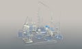 3D illustration of objects - laboratory proofs with various medical glassware with water isolated on grey background - study