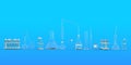 Line of lab proofs and other medical glassware empty on blue background - research concept, 3D illustration of objects Royalty Free Stock Photo