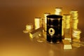 3D Illustration , Oil barrels and gold bars with golden coins