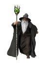 3D illustration of an old bearded wizard casting spell with his staff and isolated on white