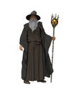 3D illustration of an old bearded wizard wearing grey robes and hat isolated on white