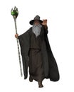 3D illustration of an old bearded wizard wearing grey robes and hat walking forwards and isolated on white