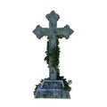 3D illustration of an old grey gravestone cross with ivy