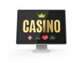 3d Illustration of Online Casino Banner, Realistic Computer Monitor, isolated white. Royalty Free Stock Photo