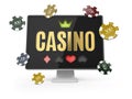 3d Illustration of Online Casino Banner, Realistic Computer Monitor, isolated white. Royalty Free Stock Photo