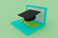 3d illustration online Graduation cap hat with tassel, icon Mortarboard with laptop Royalty Free Stock Photo