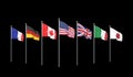 3D illustration. Online summit. G7 flags Silk waving flags of countries of Group of Seven : Canada, Germany, Italy, France, Japan