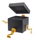 3D illustration. Open black gift box with yellow gold bow Royalty Free Stock Photo