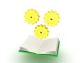 3D illustration of open book with cogs turning above it