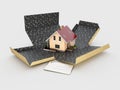 3d Illustration of open cardboard box with house on white background Royalty Free Stock Photo