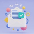 3D Illustration of an Open Envelope with Document and Checkmark Icon Surrounded by Colorful Geometric Shapes Royalty Free Stock Photo