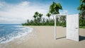 3D illustration of an open white door in the middle of the beach of an island