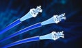 Optical light guide cables in blue with open ends which shine very brightly Royalty Free Stock Photo