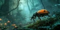 3D illustration of a orange beetle in a dark green forest.